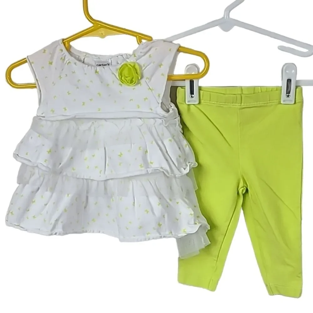 Carter's Baby Girl 3M Lime Green Butterfly Tulle Ruffled Top & Pants 2pc Outfit